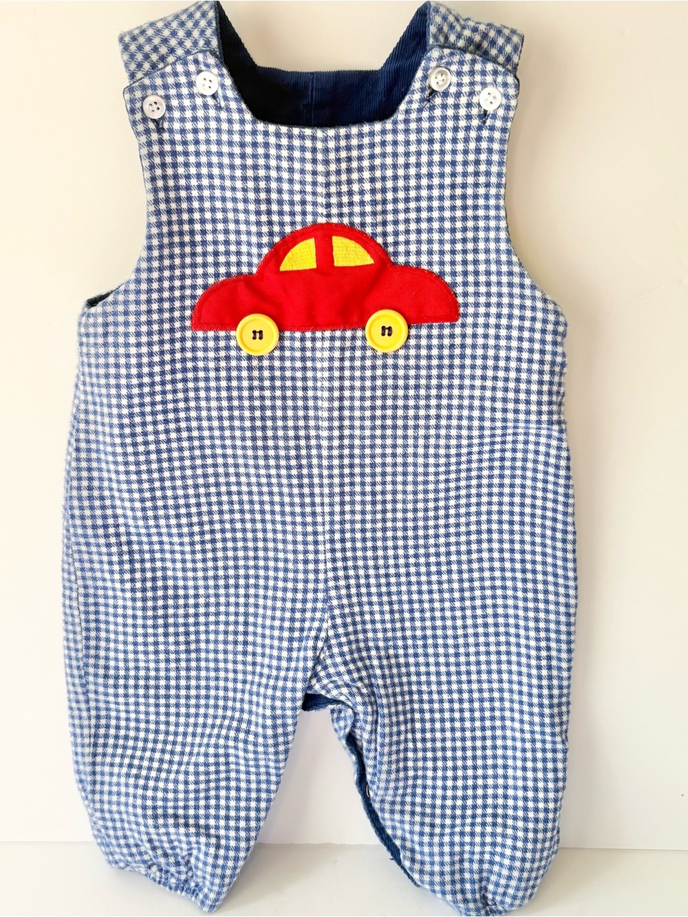 Vintage The Bailey Boys Reversible Gingham Car Applique Longall Jon Jon